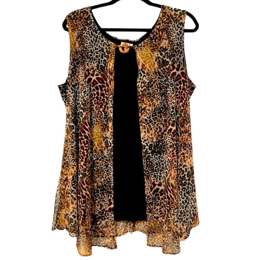 Avenue Tiger Animal Print Overlay Sleeveless Blouse Black‎ Brown Size 14/16